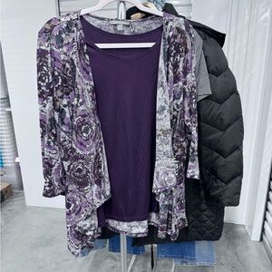 Purple Patterned Open Cardigan with Attached Tank | size 2X